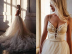 Vestido de novia largo hasta el suelo con tirantes, corte en A y pedrería. Vestido largo de fiesta.