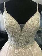 Vestido de novia de tul color marfil con tirantes y apliques de cuentas, corte en A, WD228