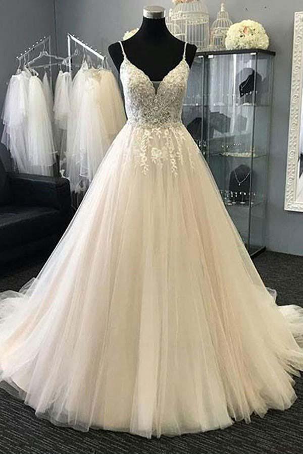Vestido de novia de tul color marfil con tirantes y apliques de cuentas, corte en A, WD228