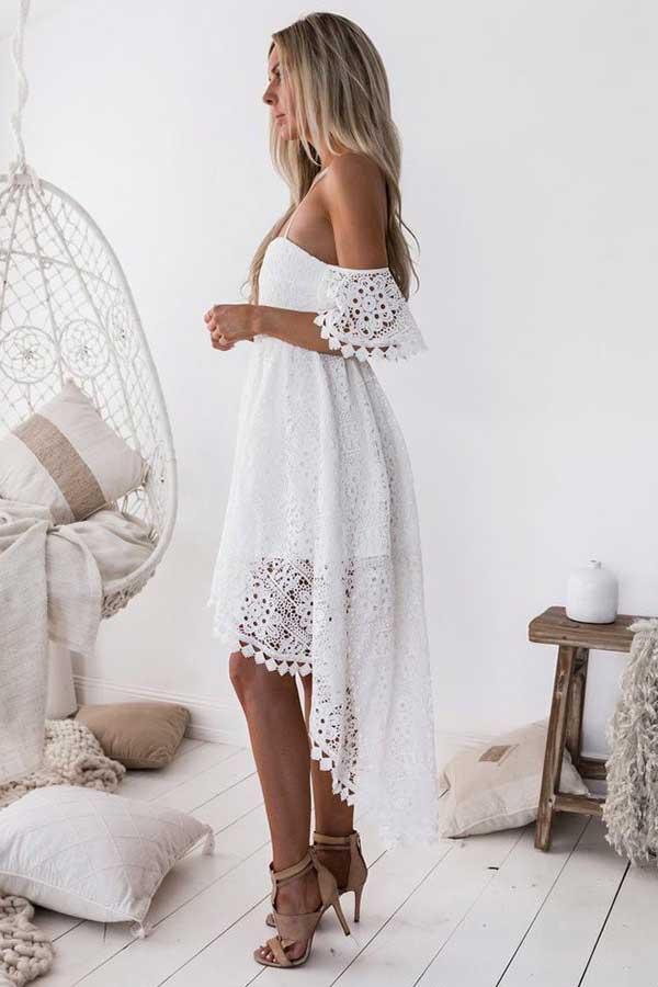 Vestido de fiesta blanco de encaje con tirantes, escote asimétrico y hombros descubiertos, corte en A, PD013