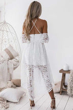 Vestido de fiesta blanco de encaje con tirantes, escote asimétrico y hombros descubiertos, corte en A, PD013