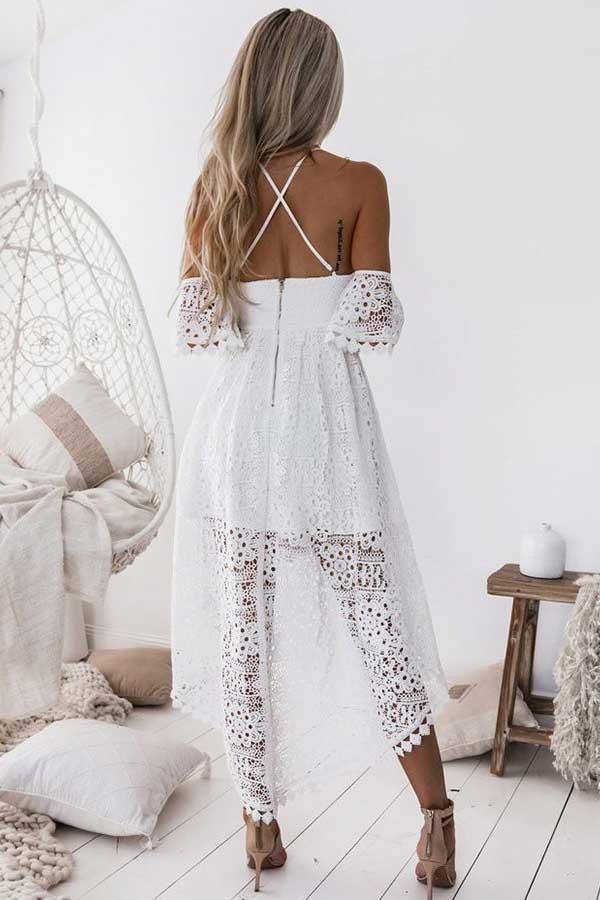 Vestido de fiesta blanco de encaje con tirantes, escote asimétrico y hombros descubiertos, corte en A, PD013