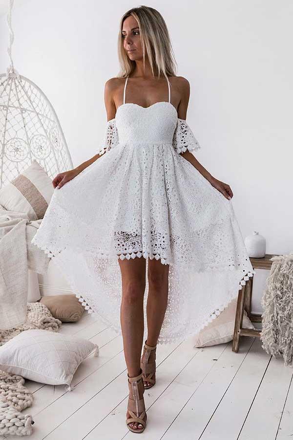 Vestido de fiesta blanco de encaje con tirantes, escote asimétrico y hombros descubiertos, corte en A, PD013