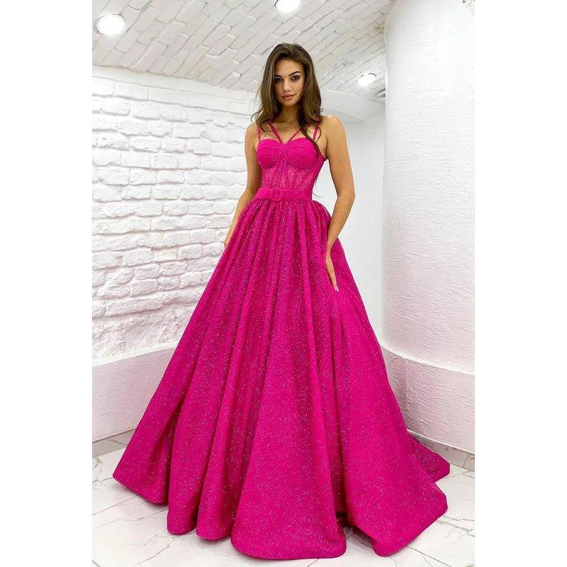 Vestido de fiesta sin mangas con tirantes, cinturón de lentejuelas y corte en A