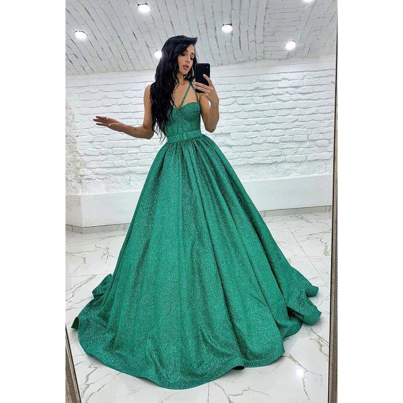 Vestido de fiesta sin mangas con tirantes, cinturón de lentejuelas y corte en A
