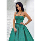 Vestido de fiesta sin mangas con tirantes, cinturón de lentejuelas y corte en A