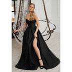 Vestido de noche sin mangas con tirantes, lentejuelas y abertura lateral, corte en A