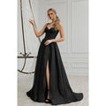 Vestido de noche sin mangas con tirantes, lentejuelas y abertura lateral, corte en A