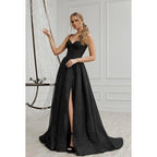 Vestido de noche sin mangas con tirantes, lentejuelas y abertura lateral, corte en A