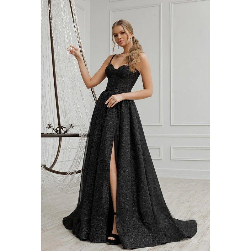 Vestido de noche sin mangas con tirantes, lentejuelas y abertura lateral, corte en A