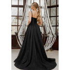 Vestido de noche sin mangas con tirantes, lentejuelas y abertura lateral, corte en A