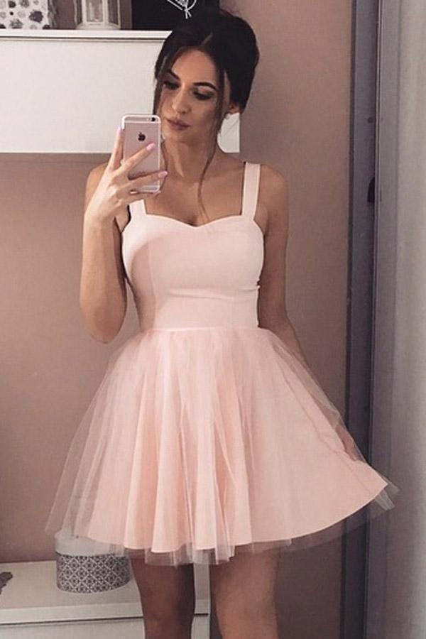 Vestido corto de fiesta sin mangas con tirantes y corte en A, de tul rosa, modelo PD408
