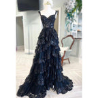Vestido de fiesta sin mangas con tirantes, tul, apliques y lentejuelas, cierre de cremallera y corte en A