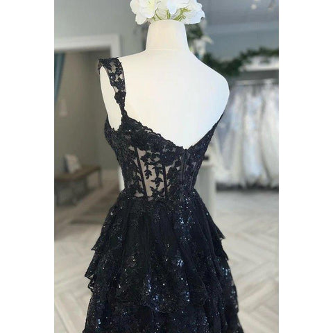 Vestido de fiesta sin mangas con tirantes, tul, apliques y lentejuelas, cierre de cremallera y corte en A