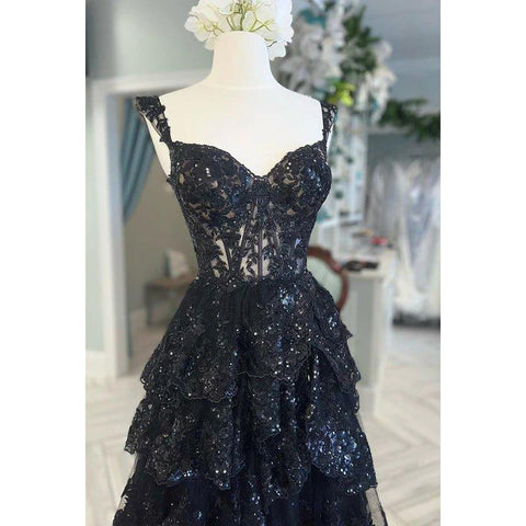 Vestido de fiesta sin mangas con tirantes, tul, apliques y lentejuelas, cierre de cremallera y corte en A