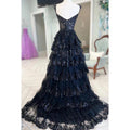 Vestido de fiesta sin mangas con tirantes, tul, apliques y lentejuelas, cierre de cremallera y corte en A