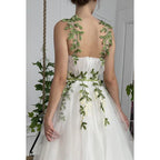 Vestido de fiesta formal sin mangas con tirantes, apliques de tul y corte en A