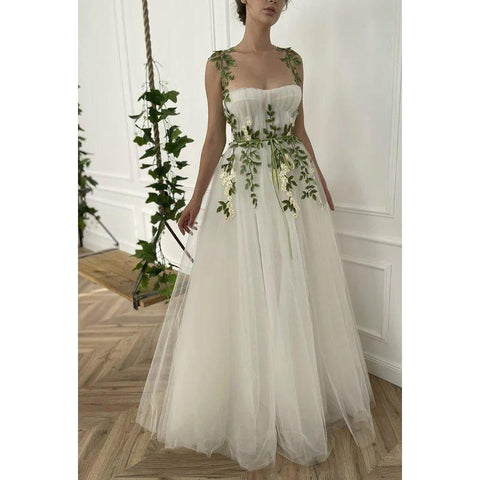 A-Line Straps Tulle Appliques Sleeveless Prom Evening Formal Dress