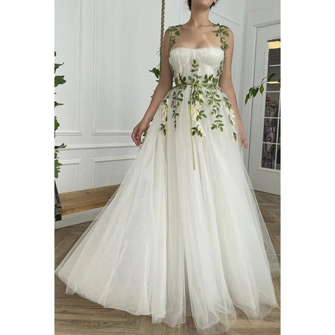 A-Line Straps Tulle Appliques Sleeveless Prom Evening Formal Dress