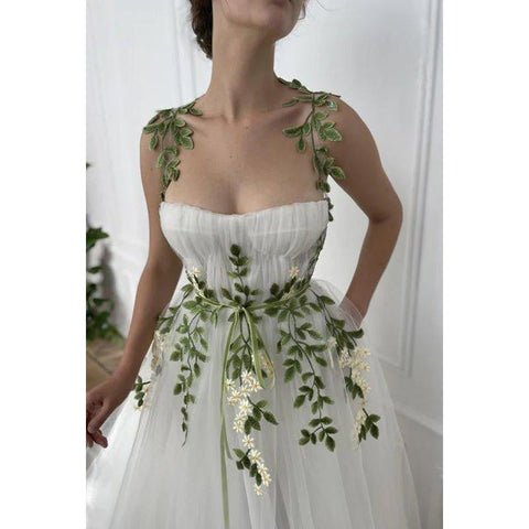 A-Line Straps Tulle Appliques Sleeveless Prom Evening Formal Dress