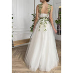 Vestido de fiesta formal sin mangas con tirantes, apliques de tul y corte en A
