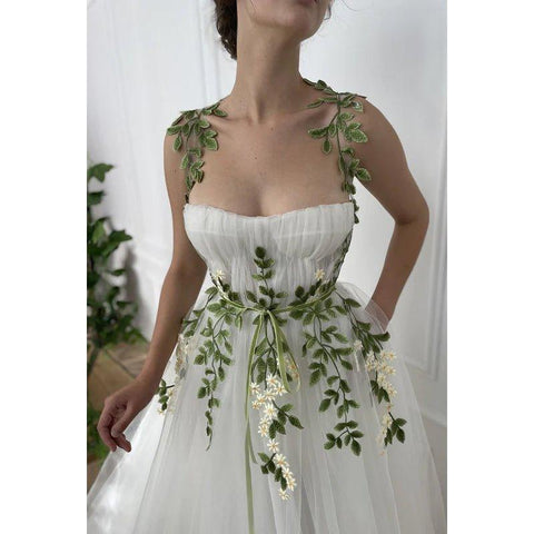 A-Line Straps Tulle Appliques Sleeveless Prom Evening Formal Dress