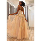 Vestido de fiesta sin mangas con tirantes, apliques de tul y cremallera, corte en A