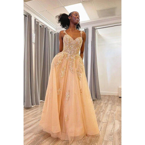 Vestido de fiesta sin mangas con tirantes, apliques de tul y cremallera, corte en A