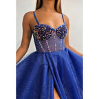 Vestido de fiesta sin mangas de tul con lentejuelas y tirantes en línea A