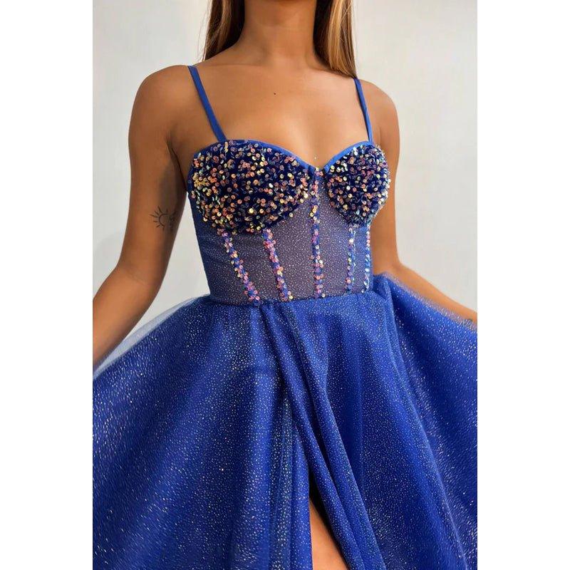 Vestido de fiesta sin mangas de tul con lentejuelas y tirantes en línea A