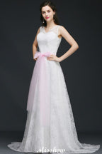 Vestido de novia blanco de corte A con tirantes y lazo.