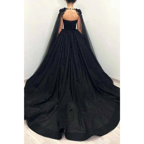 Vestido largo de baile de graduación negro con escote corazón y apliques 3D 