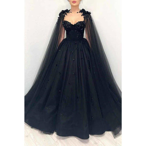 Vestido largo de baile de graduación negro con escote corazón y apliques 3D 
