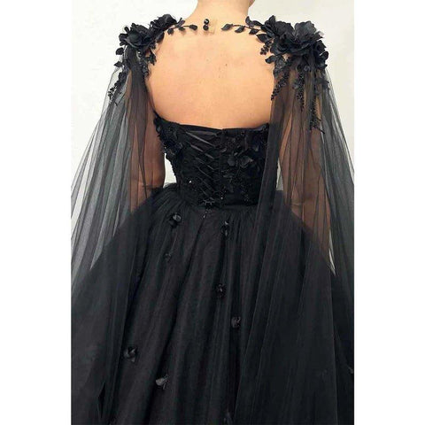 Vestido largo de baile de graduación negro con escote corazón y apliques 3D 