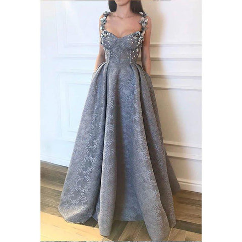 Vestido de fiesta de encaje con tirantes, apliques 3D, escote corazón y corte en A con bolsillos 