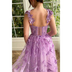 Vestido largo de fiesta de corte A con escote corazón, encaje 3D y abertura 