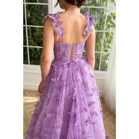 Vestido de graduación vintage morado con encaje 3D, corte línea corazón y bolsillos 