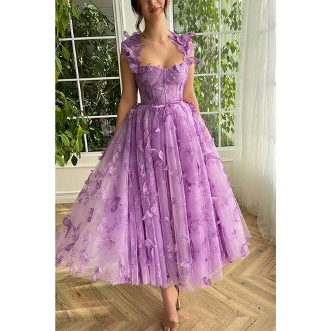 Vestido de graduación vintage morado con encaje 3D, corte línea corazón y bolsillos 