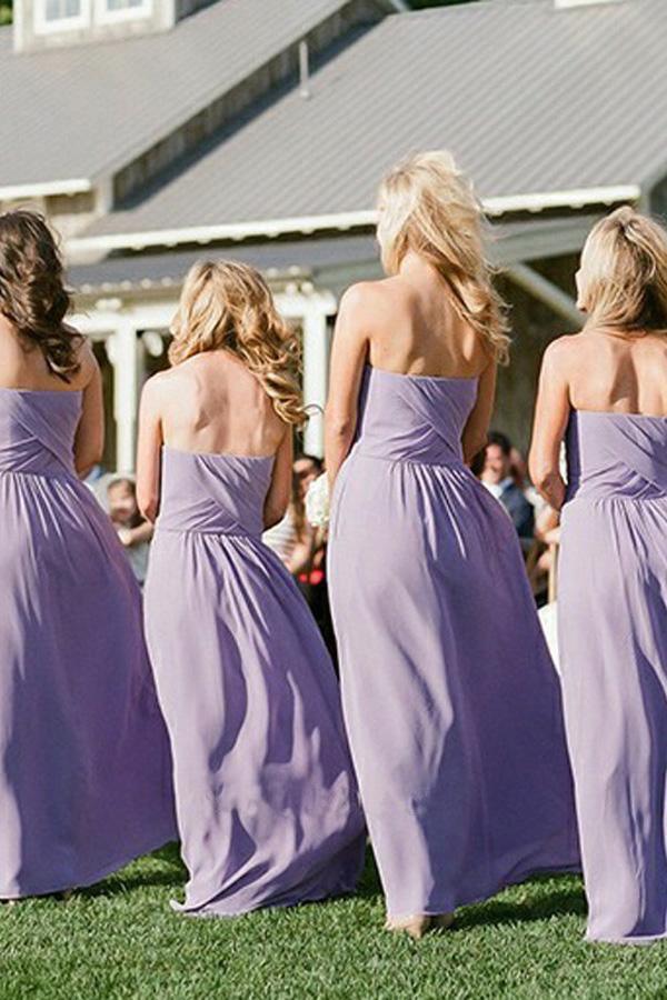 Vestido de dama de honor corte A, escote corazón, espalda descubierta, gasa lavanda con fruncido BD080