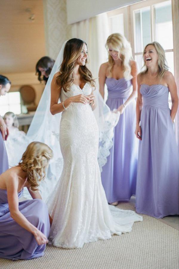 Vestido de dama de honor corte A, escote corazón, espalda descubierta, gasa lavanda con fruncido BD080