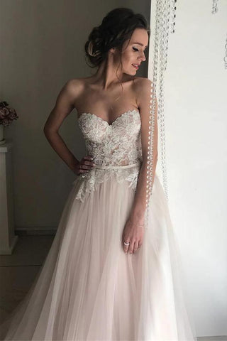Vestido de novia bohemio corte A con escote corazón y encaje, estilo romántico WD520