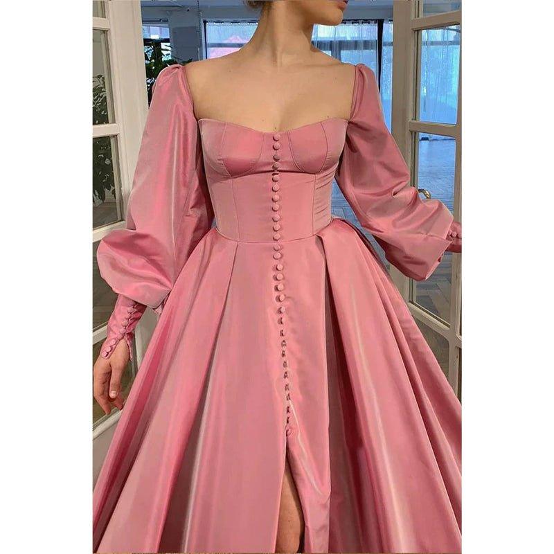 Vestido de fiesta de noche formal, corte en A, escote corazón, botones, abertura alta, mangas largas 