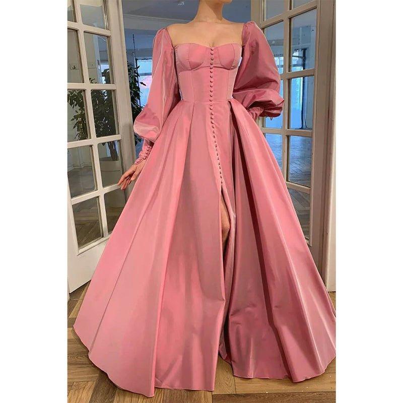 Vestido de fiesta de noche formal, corte en A, escote corazón, botones, abertura alta, mangas largas 