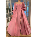 Vestido de fiesta de noche formal, corte en A, escote corazón, botones, abertura alta, mangas largas 