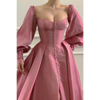 Vestido de fiesta de noche formal, corte en A, escote corazón, botones, abertura alta, mangas largas 