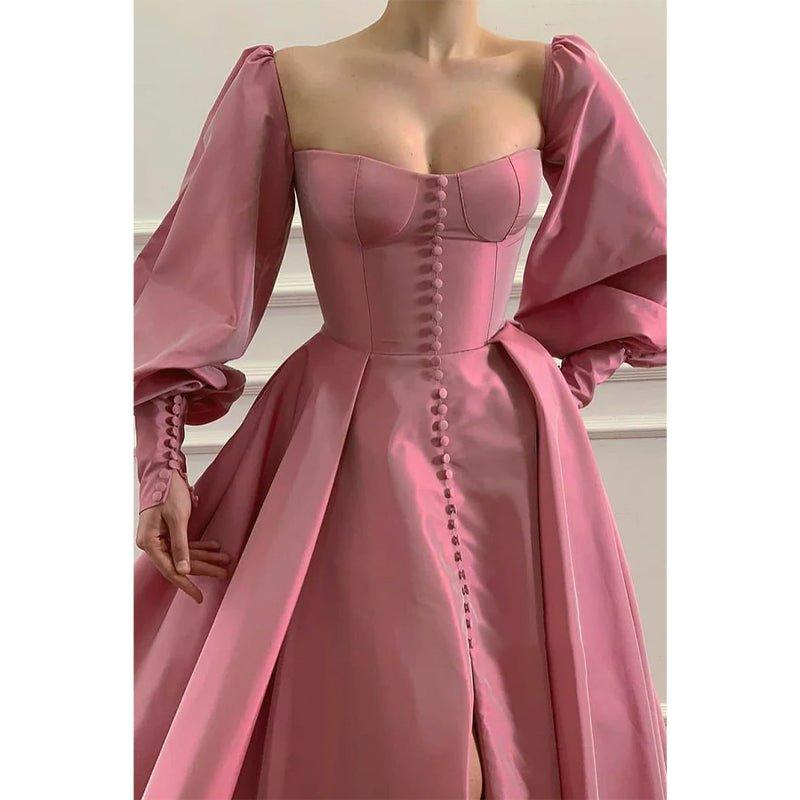 Vestido de fiesta de noche formal, corte en A, escote corazón, botones, abertura alta, mangas largas 