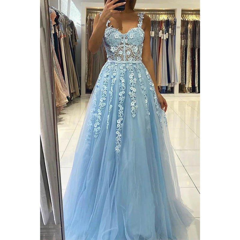 Vestido largo de fiesta con escote corazón y apliques de encaje, corte en A, elegante, para ocasiones formales. 