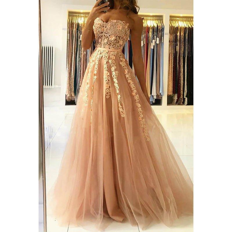 Vestido largo de fiesta con escote corazón y apliques de encaje, corte en A, elegante, para ocasiones formales. 
