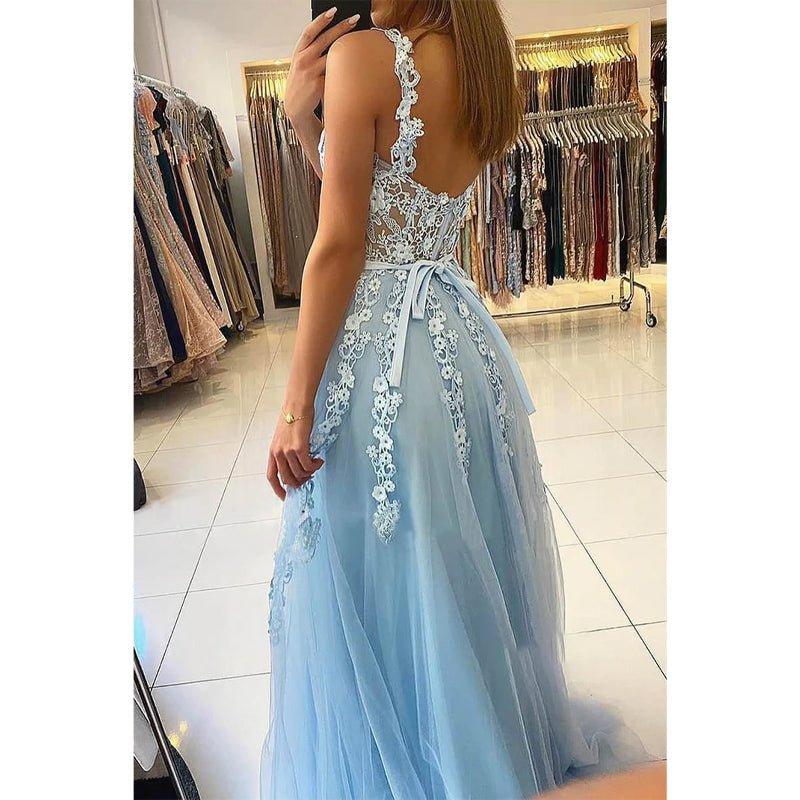 Vestido largo de fiesta con escote corazón y apliques de encaje, corte en A, elegante, para ocasiones formales. 