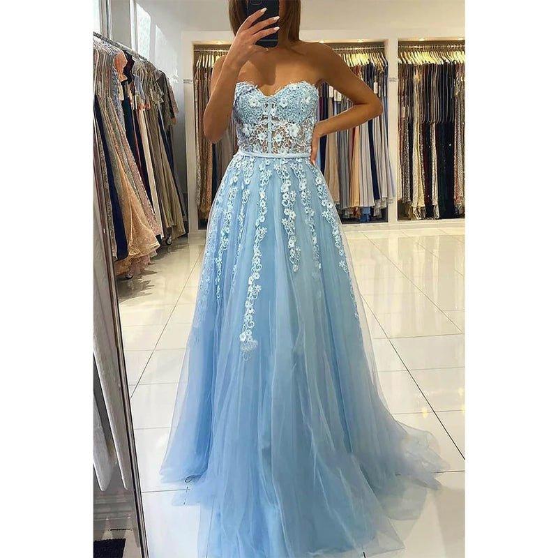 Vestido largo de fiesta con escote corazón y apliques de encaje, corte en A, elegante, para ocasiones formales. 